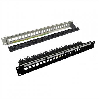 Panneau de brassage 19-pouces vide pour Keystone, 24 ports blindés, Fixation par clip, noir 