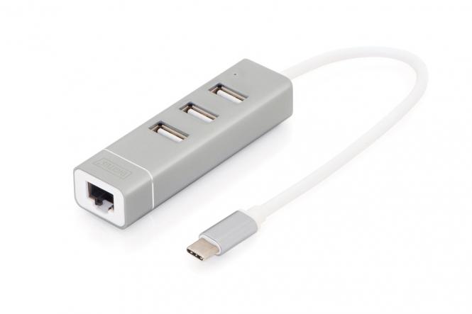 USB Type-C 3-Port Hub + Fast Ethernet LAN-Adapter 