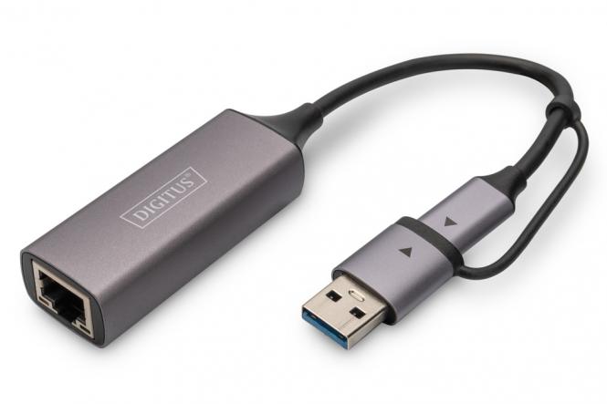 USB Type-C Gigabit Ethernet Adapter 2.5G, USB-C + USB A (USB3.1/3.0) 