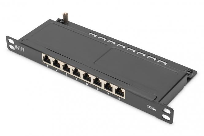 Cat.6A Slim Patch Panel, geschirmt, 8-Port, 0,5 HE, 10-Zoll, schwarz 