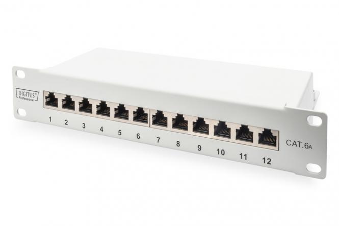 CAT 6A Patch Panel, geschirmt, 12-Port, 1HE, 10-Zoll, grau 