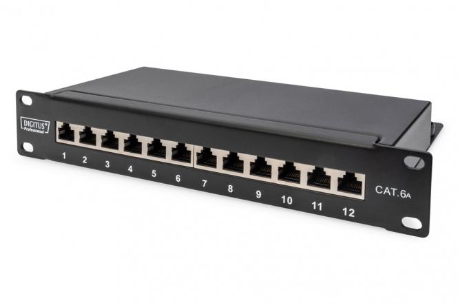 Cat.6A Patch Panel, geschirmt, 12-Port, 1HE, 10-Zoll, schwarz 