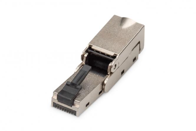CAT 6A Feldstecker abwinkelbar, STP mit Staubschutzkappe, Knickschutz 