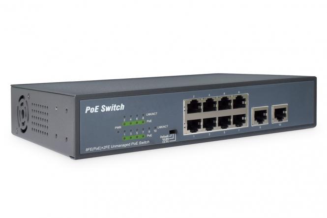 8-Port Fast Ethernet PoE Switch, 19 Zoll, Unmanaged, 2 Uplinks 