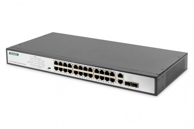 24-Port Fast Ethernet PoE Switch, 19 Zoll, Unmanaged, 2 Uplinks 