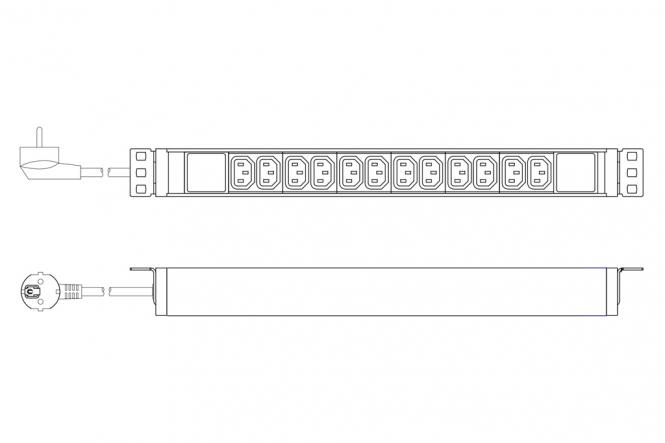 Steckdosenleiste mit Aluminiumprofil, 12-fach, 2m Zuleitung Schutzkontaktstecker 