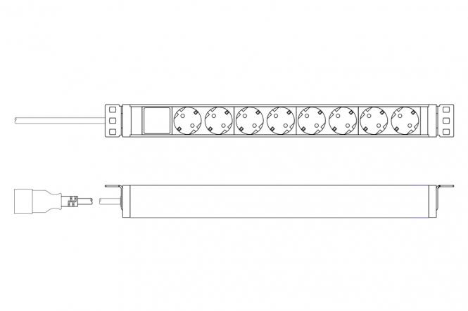 Steckdosenleiste mit Aluminiumprofil, 8-fach Schutzkontaktsteckdose, 2m Zuleitung, IEC C20 Stecker 