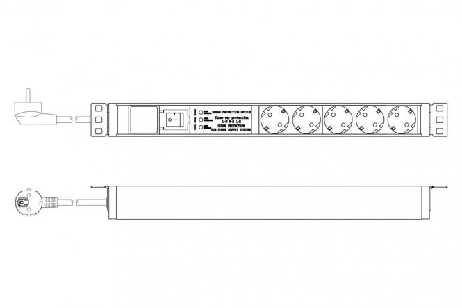 Steckdosenleiste mit Aluminiumprofil und Schalter, Überspannungsschutz, integrierter Netzfilter, 5-fach Schutzkontaktsteckdose, 2m Zuleitung Schutzkontaktstecker 