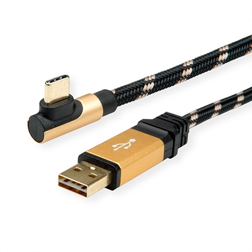 GOLD USB 2.0 Kabel, USB A Stecker reversibel zu USB C Stecker gewinkelt 