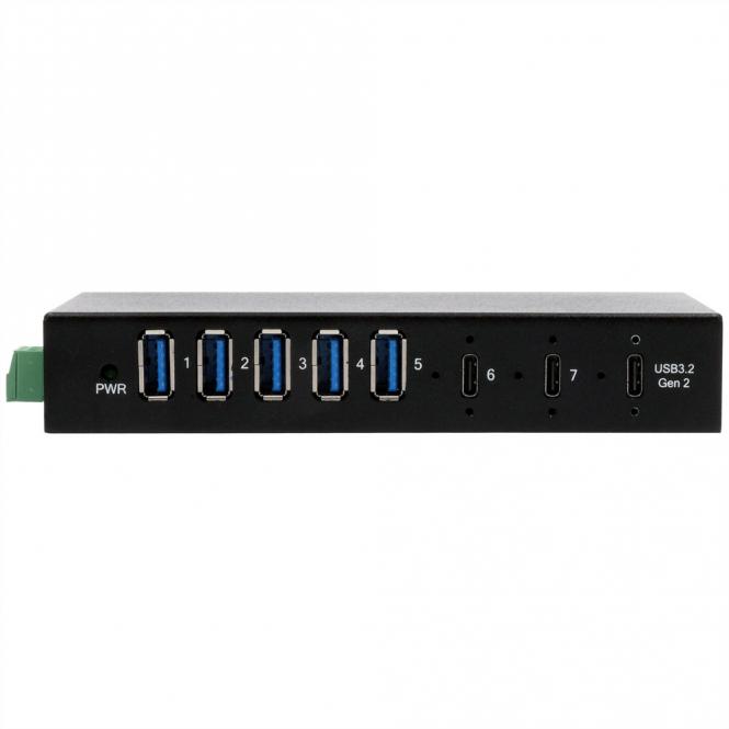 EX-12297HMS 7 Port USB 3.2 Gen 2x1 Metall HUB mit 2x USB-C und 5x USB-A 3.2 Gen 1 Ports, für Tisch, Wand und DIN-Rail Montage, inkl. Netzteil 12V/5A 