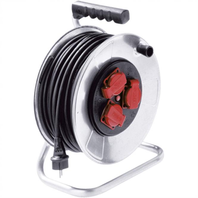 Stahlblechkabeltrommel 3-f. 50m, H05RR-F 3G1,5mm, IP44 