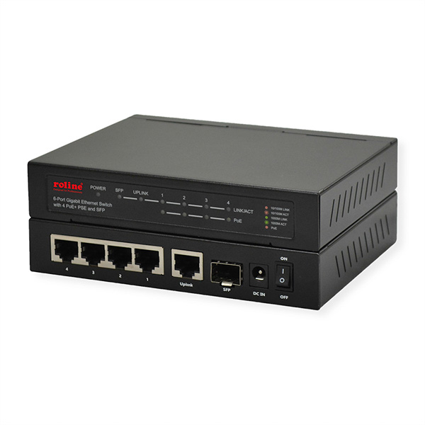 6-Port Gigabit Ethernet Switch, 5x 10/100/1000, 1x SFP, 4x PoE+ 