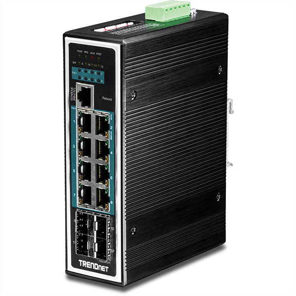 TI-PG1284i, 12-Port Gigabit PoE+ DIN-Rail Switch, industriell, managed 