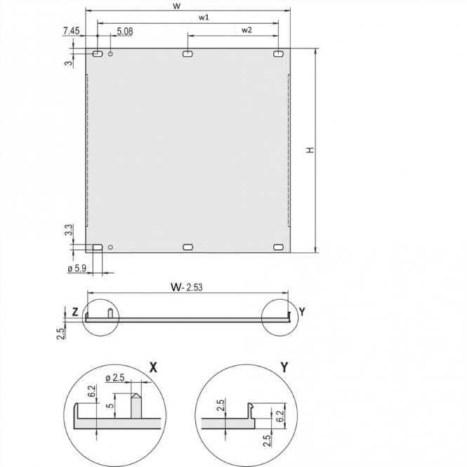 Face avant, profil en U, Refrofit Shielding, 9 U, 84 HP, 2.5mm, Al, Anodisé frontal, Conducteur arrière 