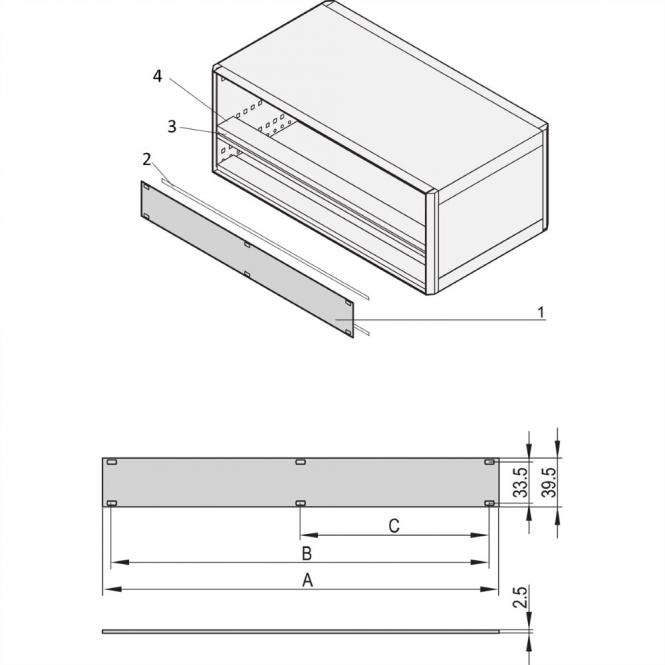Face avant 1 U, 42 F, Montage sur rail horizontal, 2,5mm, alu, anodisé, conducteur arrière 