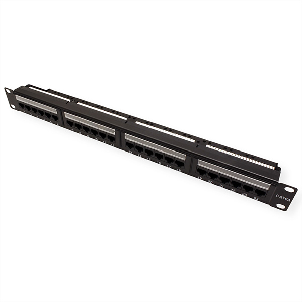 Kat. 6A (Class EA) 19-Zoll-Patchpanel, 24 P, ungeschirmt, schwarz 